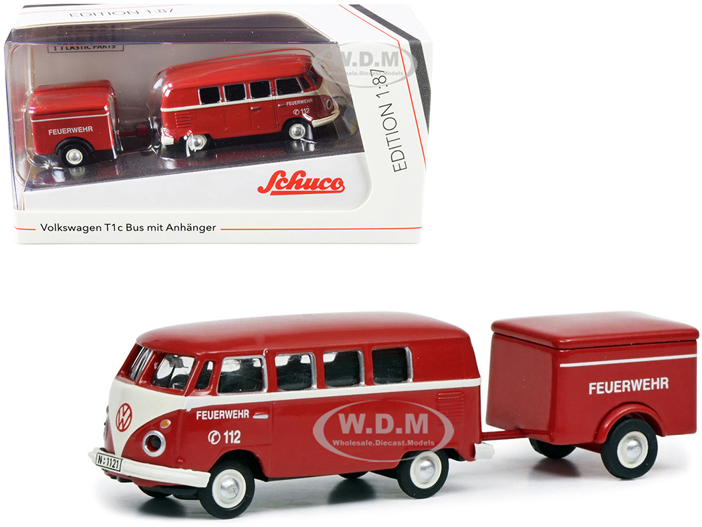 Volkswagen T1c Bus with Trailer Red and Cream "Feuerwehr" (Fire Department) 1/87 (HO) Diecast Models by Schuco