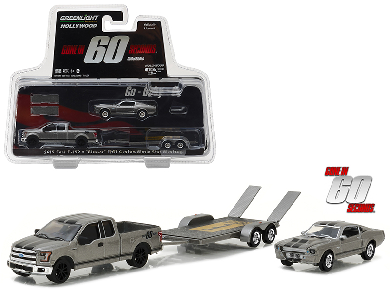2015 Ford F-150 with 1967 Custom Ford Mustang Eleanor on Flatbed Trailer Gone in Sixty Seconds Movie (2000) Hollywood Hitch & Tow Series 3 1/64 Diecast Model Cars by Greenlight