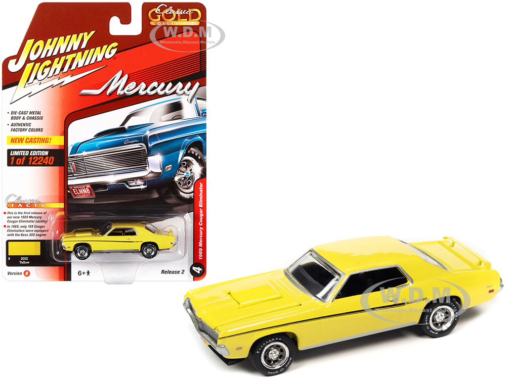 1969 Mercury Cougar Eliminator Yellow with Black Stripes Classic Gold Collection Series Limited Edition to 12240 pieces Worldwide 1/64 Diecast Model Car by Johnny Lightning