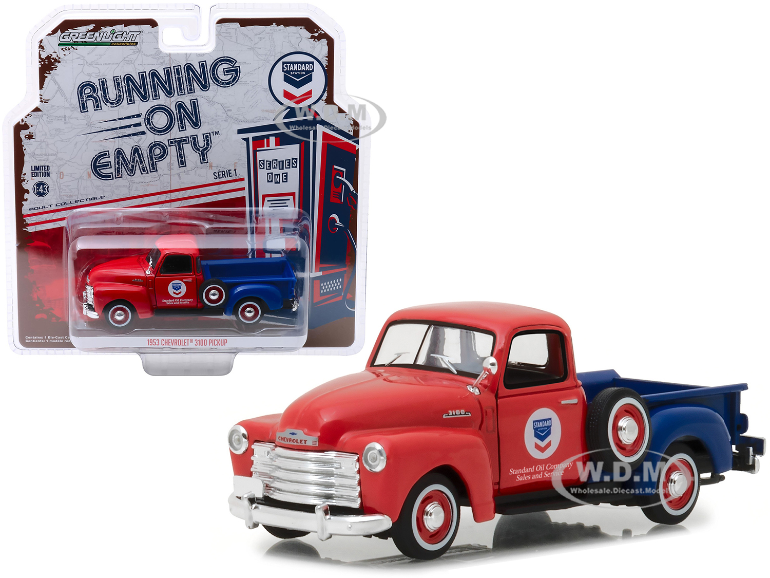 Image of 1953 Chevrolet 3100 Pickup Truck "Standard Oil" Red and Blue "Running on Empty" Release 1 1/43 Diecast Model Car by Greenlight