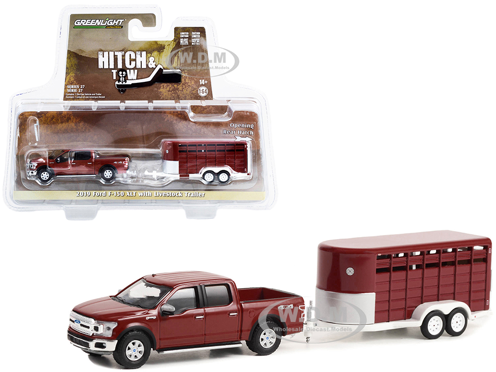 2019 Ford F-150 XLT Pickup Truck Red and Livestock Trailer "Hitch &amp; Tow" Series 27 1/64 Diecast Model Car by Greenlight
