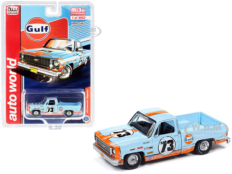 Image of 1973 Chevrolet Cheyenne Pickup Truck 73 "Gulf Oil" Light Blue and Orange (Weathered) Limited Edition to 4800 pieces Worldwide 1/64 Diecast Model Car