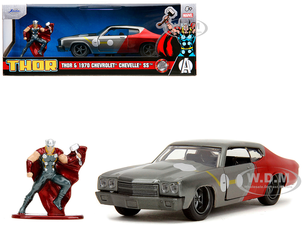 1970 Chevrolet Chevelle SS Gray Metallic and Red Metallic with Black Hood and Thor Diecast Figure "The Avengers" "Hollywood Rides" Series 1/32 Diecas