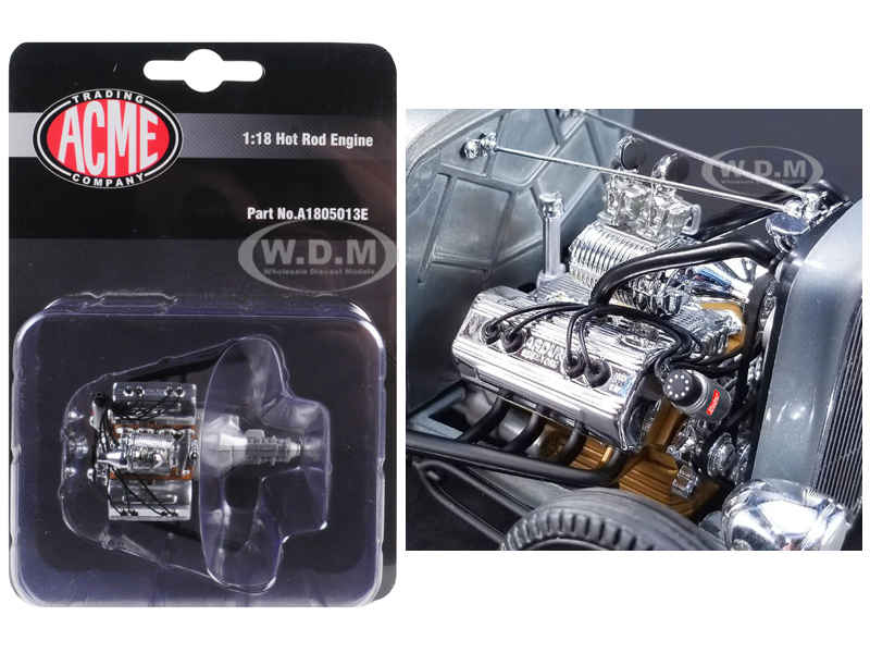 Engine And Transmission Replica Chromed Blown Ardun Flathead From 1932 Ford 5 Window 1/18 Model By Acme