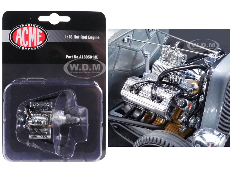 Image of Engine and Transmission Replica Chromed Blown Ardun Flathead from 1932 Ford 5 Window 1/18 Model by ACME