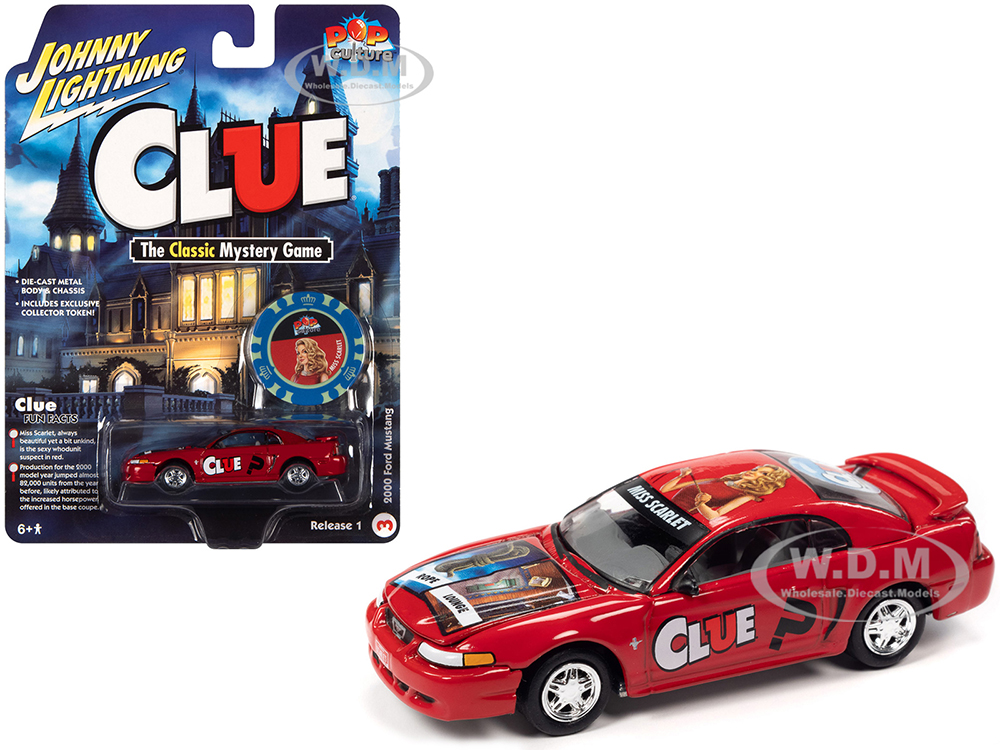 2000 Ford Mustang Miss Scarlet Red with Graphics with Poker Chip (Collector Token) Modern Clue Pop Culture 2022 Release 1 1/64 Diecast Model Car by Johnny Lightning