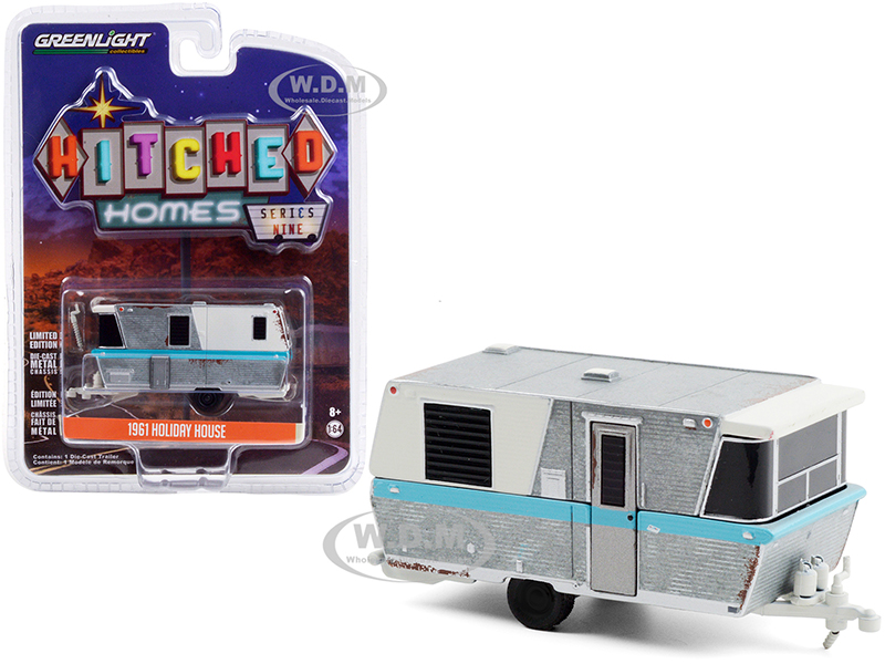 Image of 1961 Holiday House Travel Trailer Silver and White with Blue Stripe (Weathered) "Hitched Homes" Series 9 1/64 Diecast Model by Greenlight