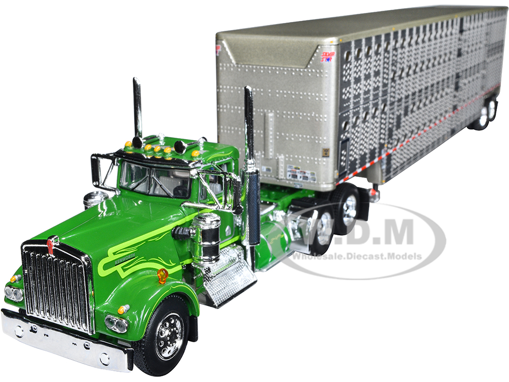 Kenworth W900A Day Cab and Wilson Silverstar Livestock Tandem-Axle Trailer Neon and Dark Green 1/64 Diecast Model by DCP/First Gear