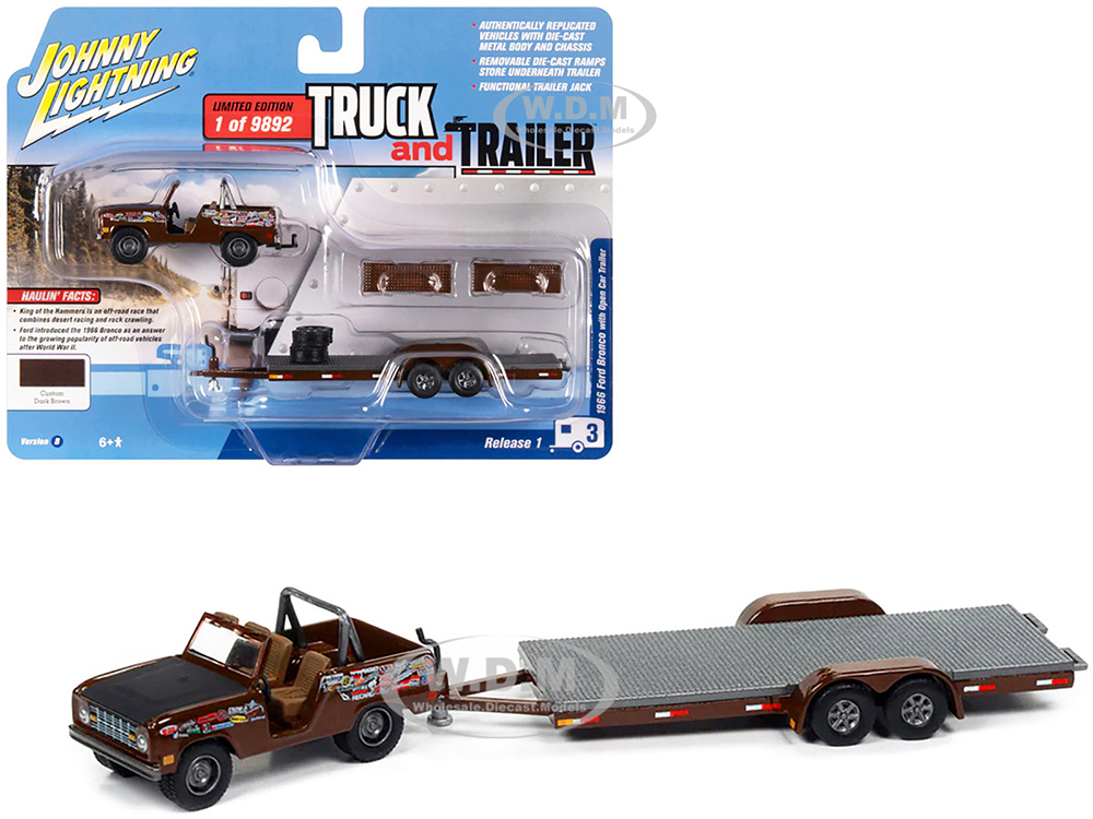 1966 Ford Bronco Dark Brown with Black Hood and Graphics with Open Trailer Limited Edition to 9892 pieces Worldwide 
