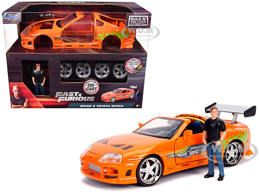 Model Kit Toyota Supra Metallic Orange with Brian Diecast Figure Fast & Furious Movie Build N Collect 1/24 Diecast Model Car by Jada