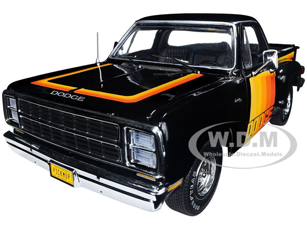 1980 Dodge D150 Pick-M-Up Utiline Pickup Truck Black with Stripes 1/18 Diecast Model Car by Auto World