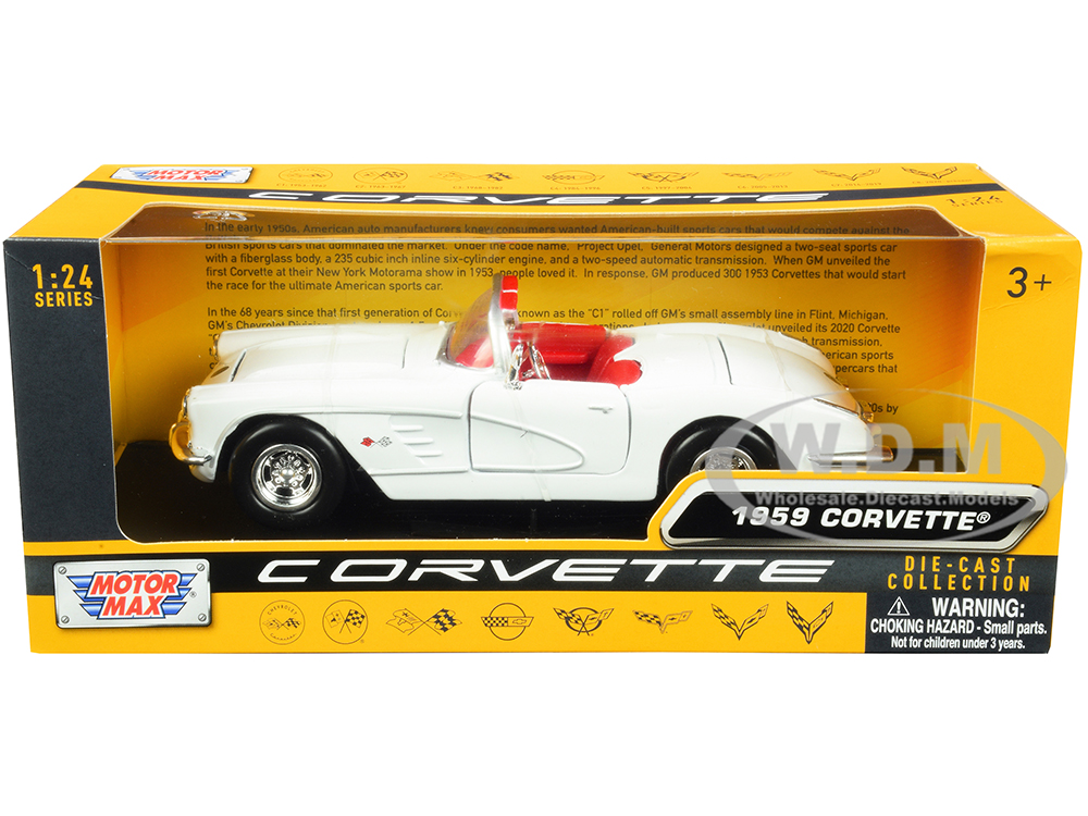1959 Chevrolet Corvette C1 Convertible White with Red Interior "History of Corvette" Series 1/24 Diecast Model Car by Motormax