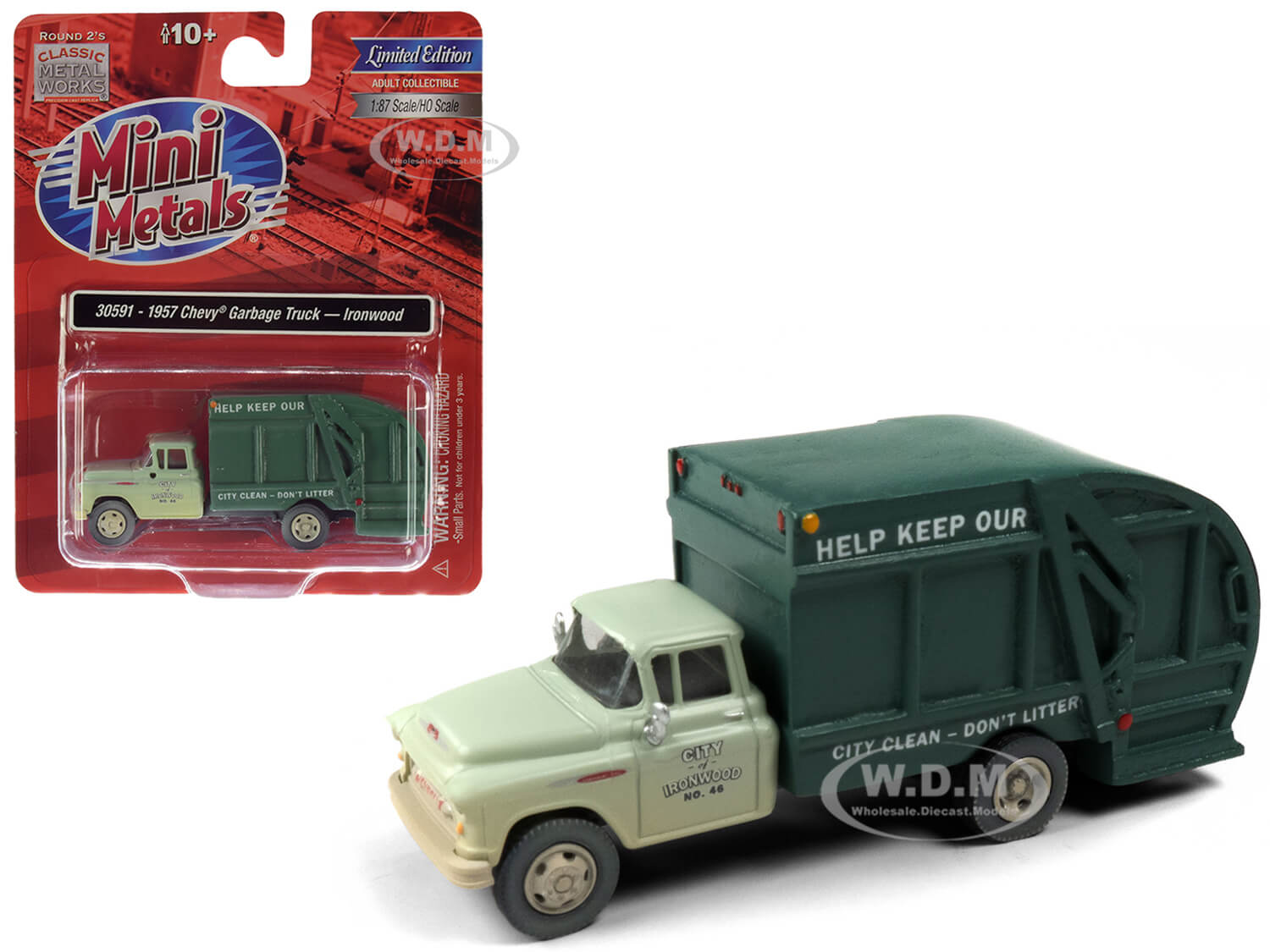 Image of 1957 Chevrolet Garbage Truck "Ironwood Sanitation" Light Green and Dark Green (Dirty/Weathered) 1/87 (HO) Scale Model by Classic Metal Works