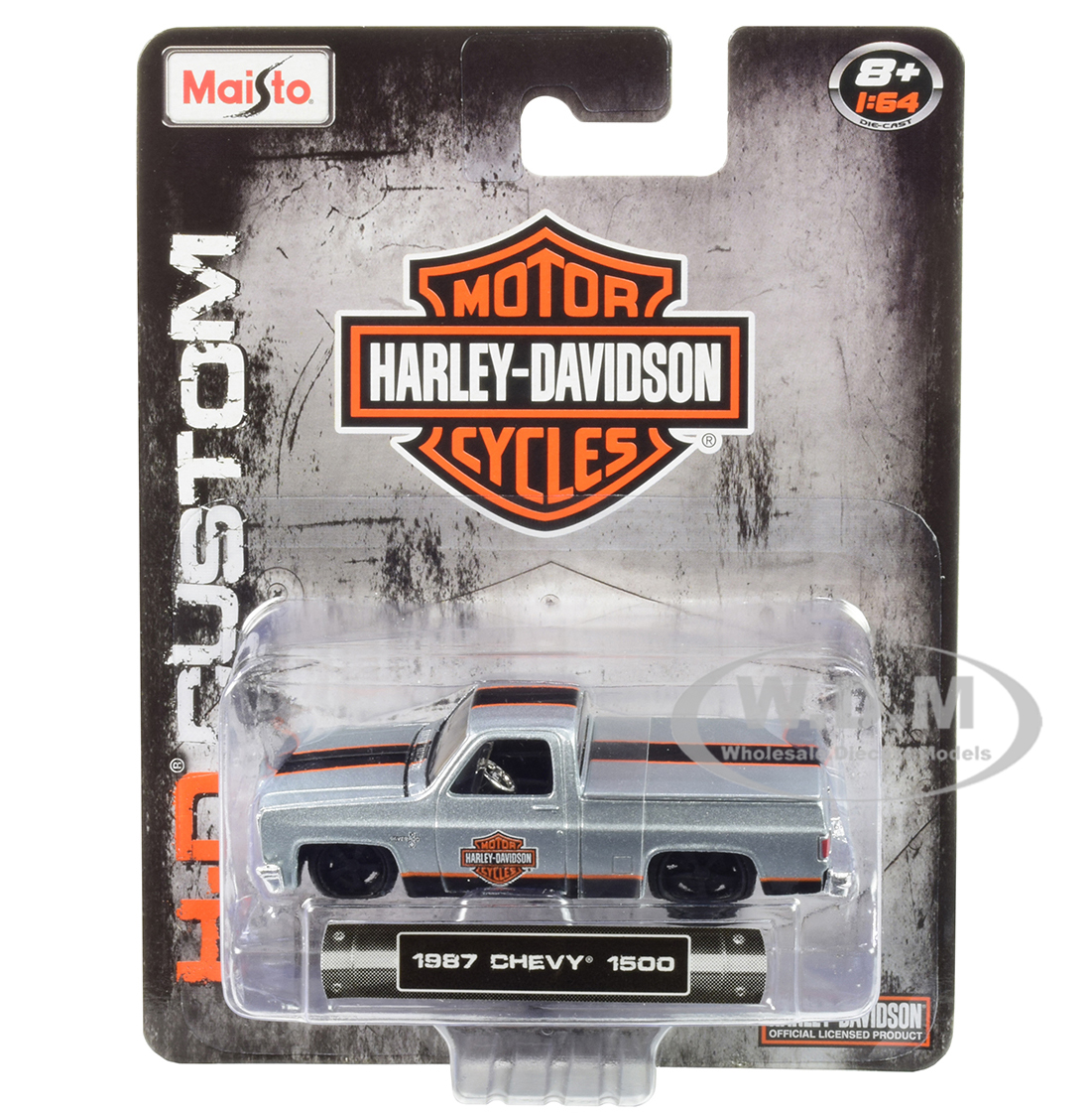 1987 Chevrolet Silverado 1500 Pickup Truck With Bed Cover Silver With Black And Orange Stripes "harley-davidson" "h-d Custom" 1/64 Diecast Model Car