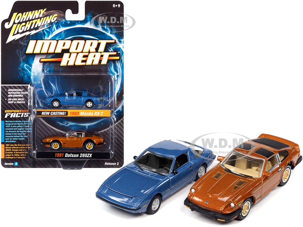 1982 Mazda RX-7 Blue Metallic and 1981 Datsun 280ZX Orange Mist Metallic Import Heat Set of 2 Cars 1/64 Diecast Model Cars by Johnny Lightning