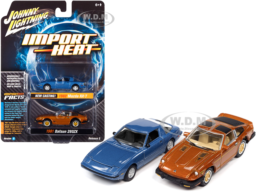 1982 Mazda RX-7 Blue Metallic and 1981 Datsun 280ZX Orange Mist Metallic "Import Heat" Set of 2 Cars 1/64 Diecast Model Cars by Johnny Lightning