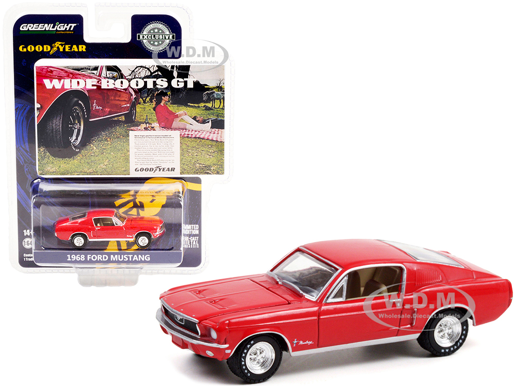 1968 Ford Mustang Red Wide Boots GT Goodyear Vintage Ad Cars 1/64 Diecast Model Car by Greenlight