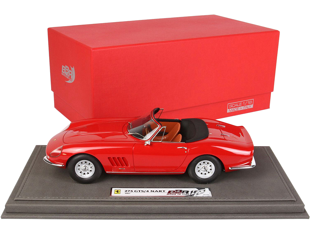 1967 Ferrari 275 GTS/4 NART Convertible Red with Brown Interior with DISPLAY CASE Limited Edition to 162 pieces Worldwide 1/18 Model Car by BBR