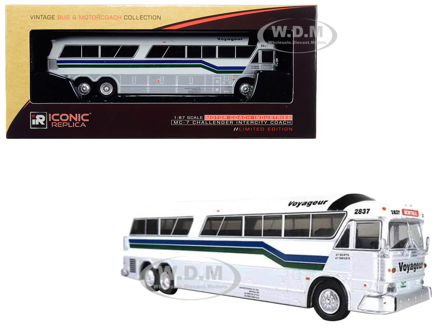 1970 MCI MC-7 Challenger Intercity Motorcoach Voyageur Destination Montreal (Canada) White And Silver With Stripes Vintage Bus & Motorcoach