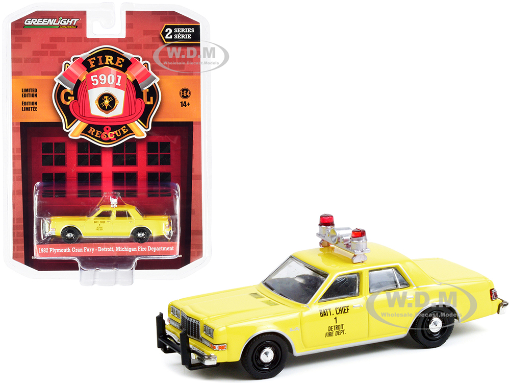 1982 Plymouth Gran Fury Yellow Detroit Fire Department Battalion Chief #1 (Michigan) Fire & Rescue Series 2 1/64 Diecast Model Car by Greenlight