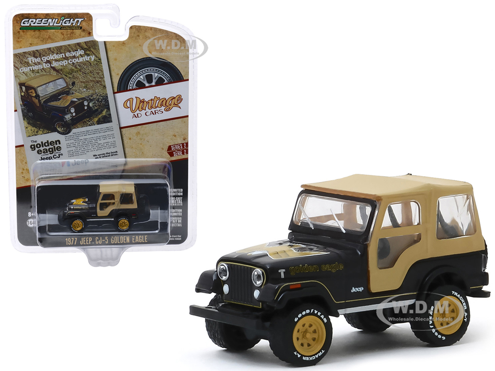 Image of 1977 Jeep CJ-5 Golden Eagle Black with Tan Top and Gold Wheels "The Golden Eagle Comes to Jeep Country" "Vintage Ad Cars" Series 2 1/64 Diecast Model