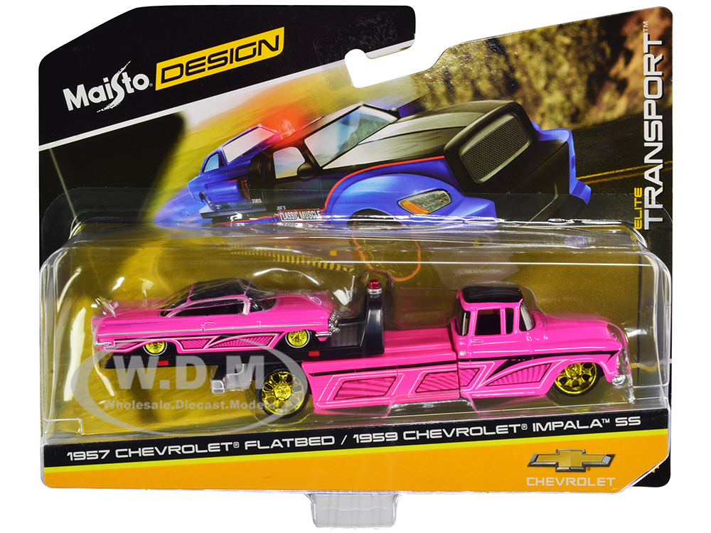 1957 Chevrolet Flatbed Truck and 1959 Chevrolet Impala SS Hot Pink with Black Top and Graphics "Elite Transport" Series 1/64 Diecast Models by Maisto