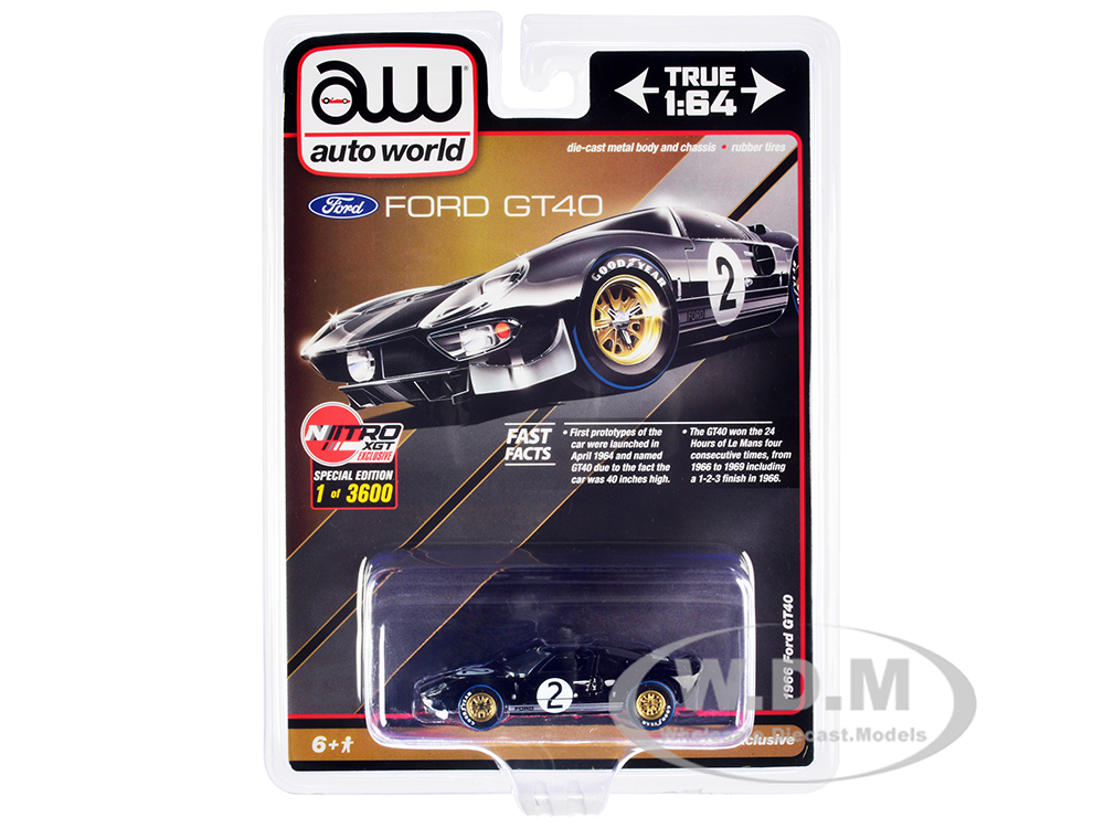1966 Ford GT40 RHD (Right Hand Drive) 2 Black with Silver Stripes Limited Edition to 3600 pieces Worldwide 1/64 Diecast Model Car by Auto World