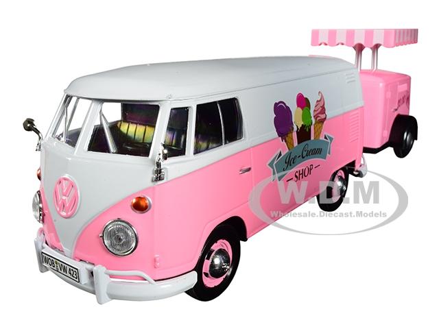 Volkswagen T1 Delivery Van With Ice-cream Trailer Pink And White "ice-cream Shop" 1/24 Diecast Model Car By Motormax