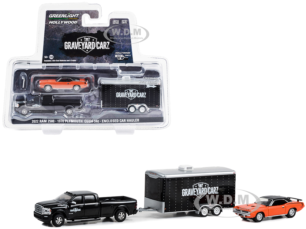 2022 Ram 2500 Pickup Truck Black and 1970 Plymouth Barracuda 340 Orange with Black Top with Enclosed Trailer Graveyard Carz (2012-Current) TV Series Hollywood Hitch & Tow Series 12 1/64 Diecast Model Cars by Greenlight