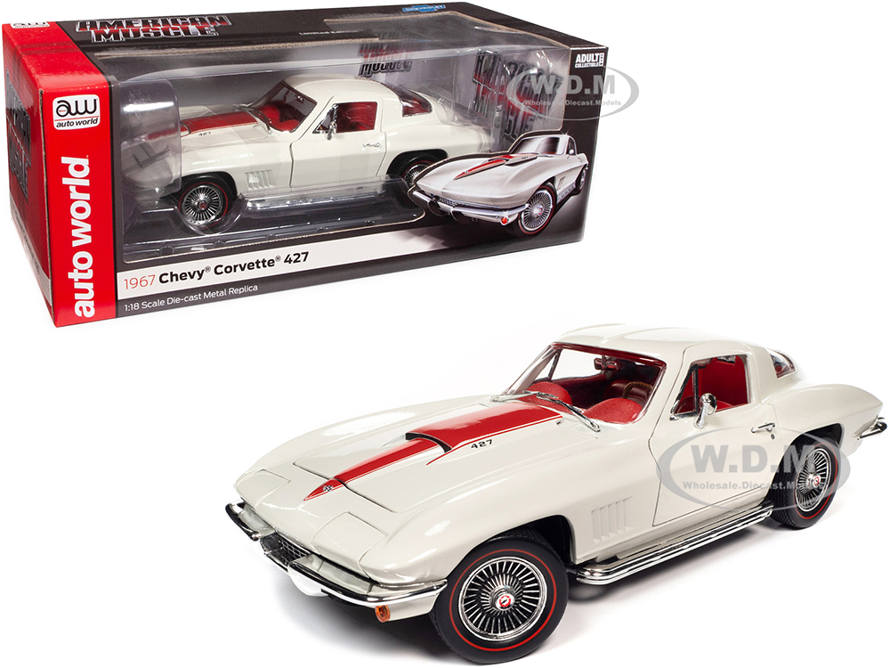 1967 Chevrolet Corvette 427 Coupe White with Red Stinger Stripe and Red Interior 1/18 Diecast Model Car by Auto World