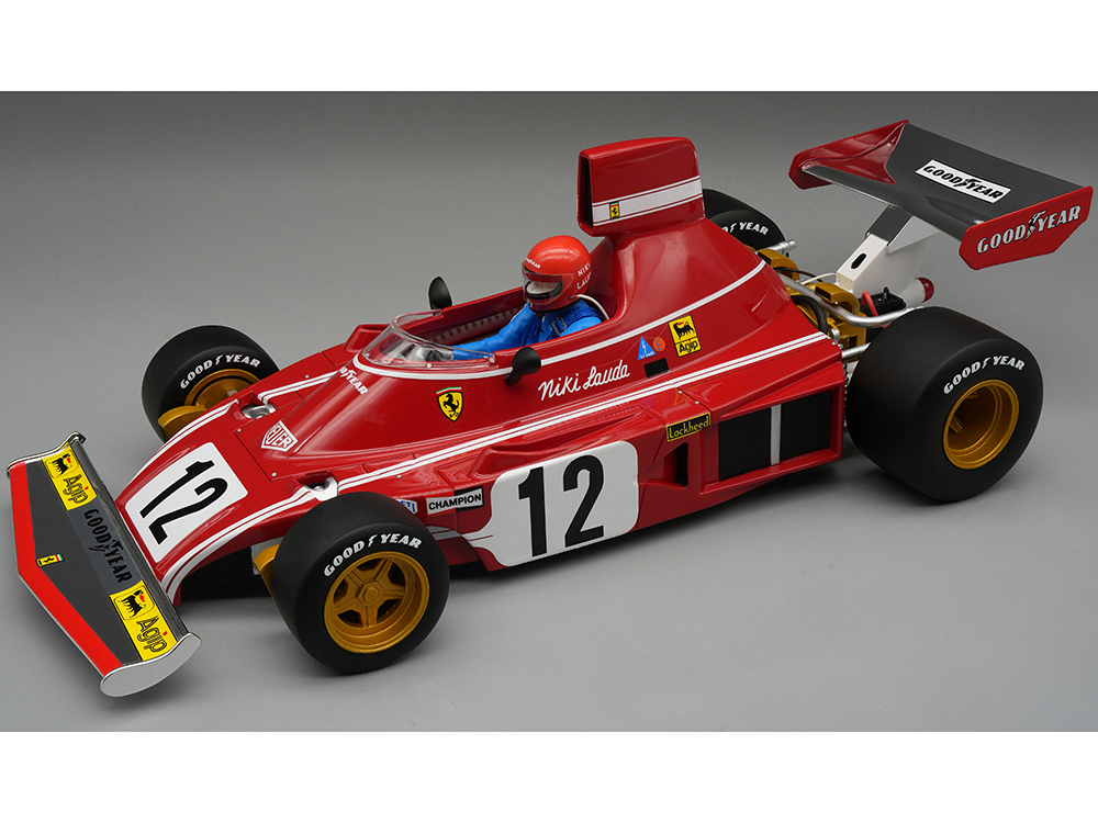 Ferrari 312 B3 #12 Niki Lauda Winner Formula One F1 Spanish GP (1974) with Driver Mythos Series Limited Edition to 115 pieces Worldwide 1/18 Model Car by Tecnomodel