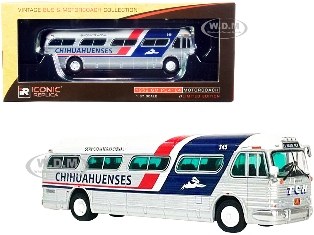 1959 GM PD4104 Motorcoach Bus "El Paso" Texas "Chihuahuenses" Silver and White with Red and Blue Stripes "Vintage Bus &amp; Motorcoach Collection" 1/