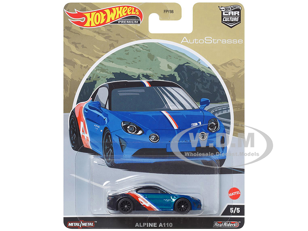 Alpine A110 Blue Metallic and Black with Graphics Auto Strasse Series Diecast Model Car by Hot Wheels