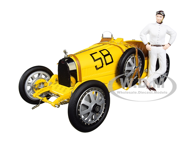 Bugatti T35 #58 Grand Prix Yellow Livery with a Female Racer Figurine Limited Edition to 600 pieces Worldwide 1/18 Diecast Model Car by CMC
