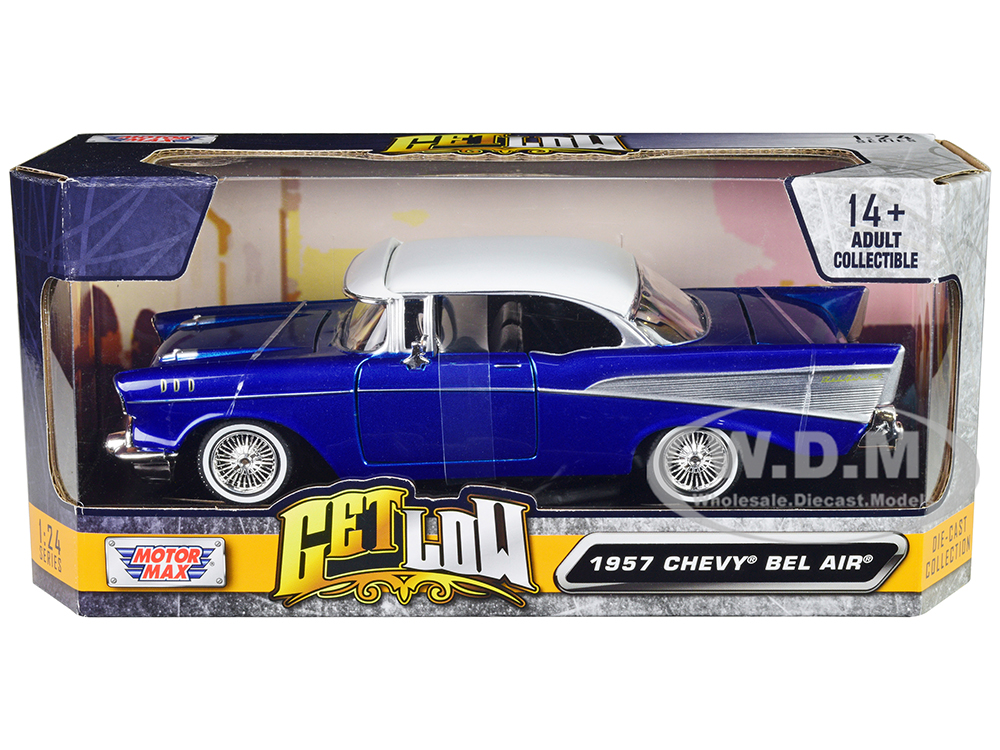 1957 Chevrolet Bel Air Lowrider Candy Blue with White Top "Get Low" Series 1/24 Diecast Model Car by Motormax