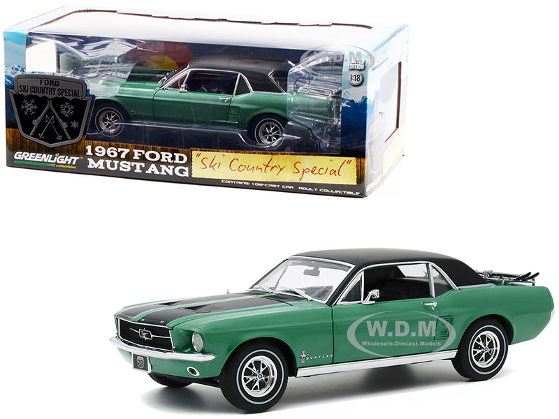 1967 Ford Mustang Coupe Loveland Green Metallic with Black Stripes and Black Top and a Pair of Skis "Ski Country Special" 1/18 Diecast Model Car by G