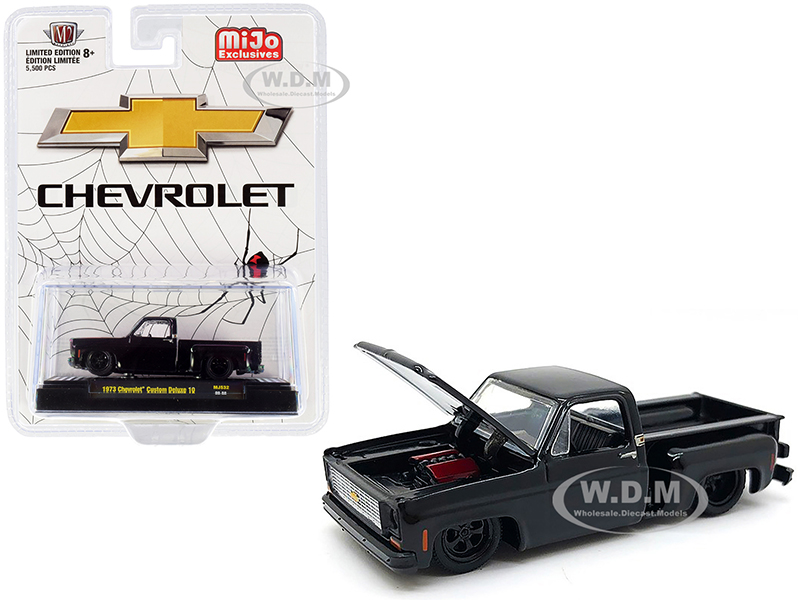 Image of 1973 Chevrolet Custom Deluxe 10 Pickup Truck "Black Widow" Black Limited Edition to 5500 pieces Worldwide 1/64 Diecast Model Car by M2 Machines
