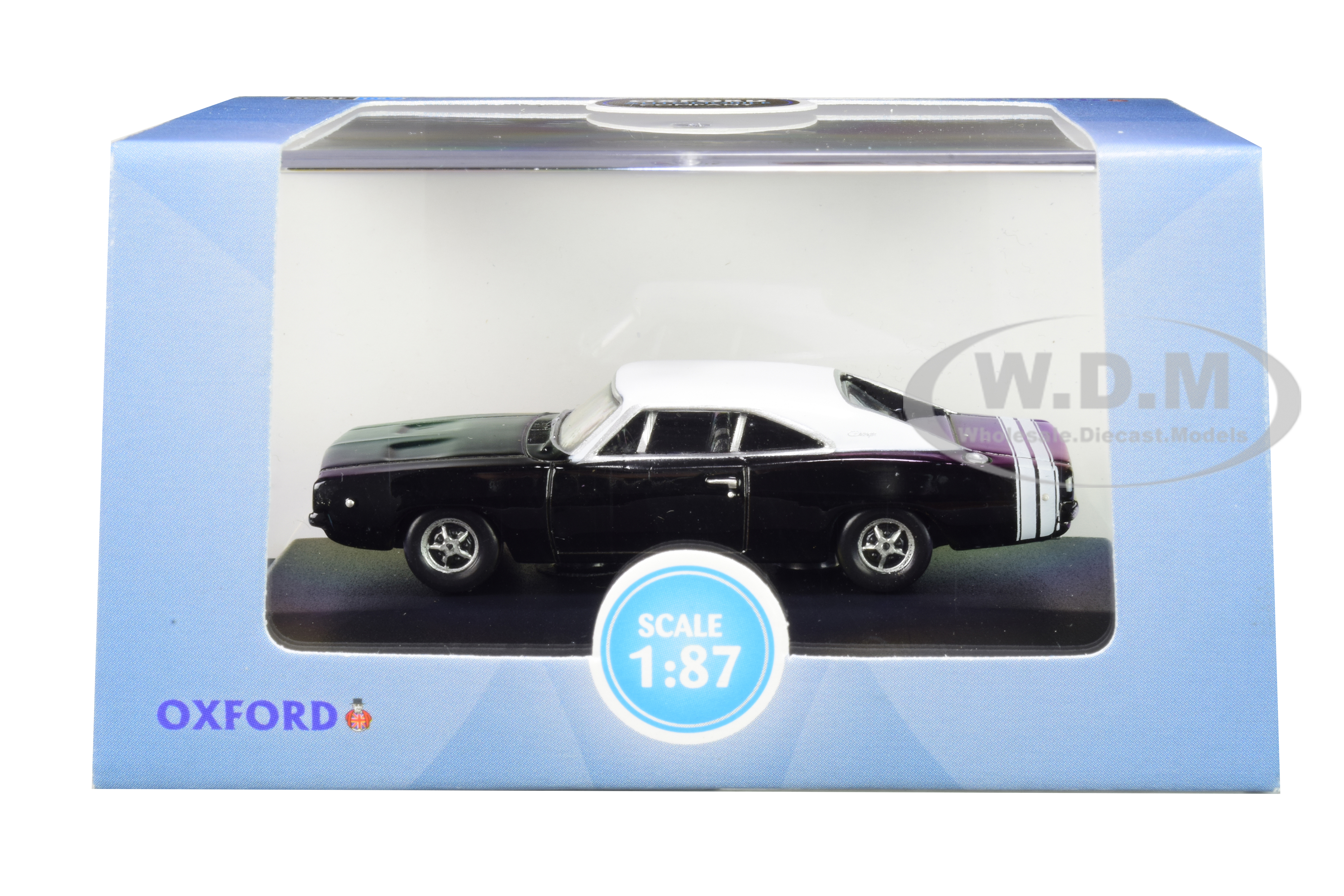 Image of 1968 Dodge Charger Black with White Top and White Stripes 1/87 (HO) Scale Diecast Model Car by Oxford Diecast