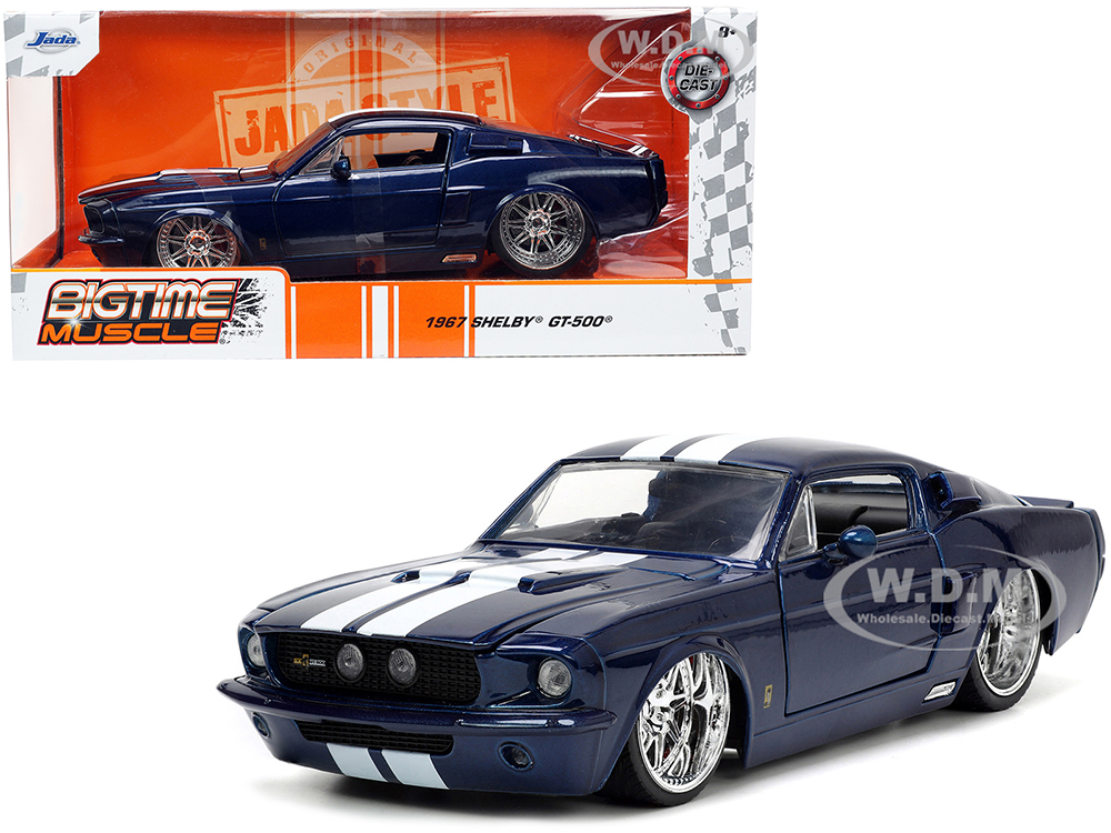 1967 Ford Mustang Shelby GT500 Dark Blue Metallic with White Stripes Bigtime Muscle Series 1/24 Diecast Model Car by Jada