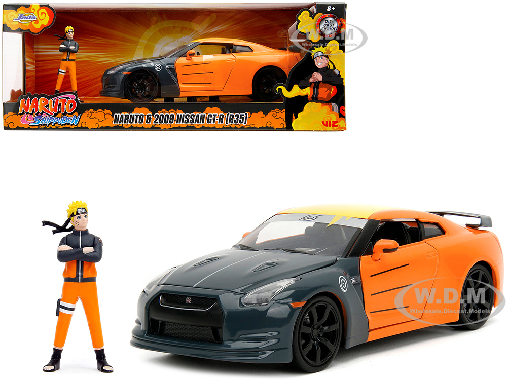 2009 Nissan GT-R (R35) Orange and Dark Gray with Yellow Top and Graphics and Naruto Diecast Figure "Naruto Shippuden" (2009-2017) TV Series "Anime Ho