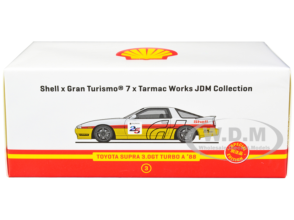 1988 Toyota Supra 3.0GT Turbo A RHD (Right Hand Drive) White And Yellow With Red Stripes Shell X Gran Turismo 7 Special Edition 1/64 Diecast Model