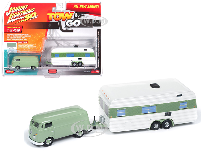 1965 Volkswagen Type 2 Transporter Birch Green With Vintage House Trailer Limited Edition To 4000 Pieces Worldwide "tow & Go" Series 1 1/64 Dieca