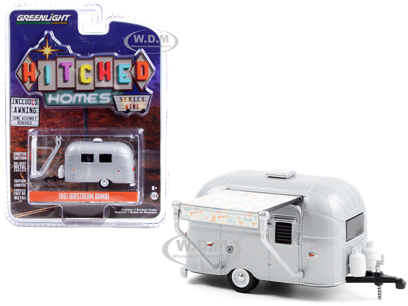Image of 1961 Airstream Bambi Travel Trailer Silver with "Peace and Love" Awning "Hitched Homes" Series 9 1/64 Diecast Model by Greenlight