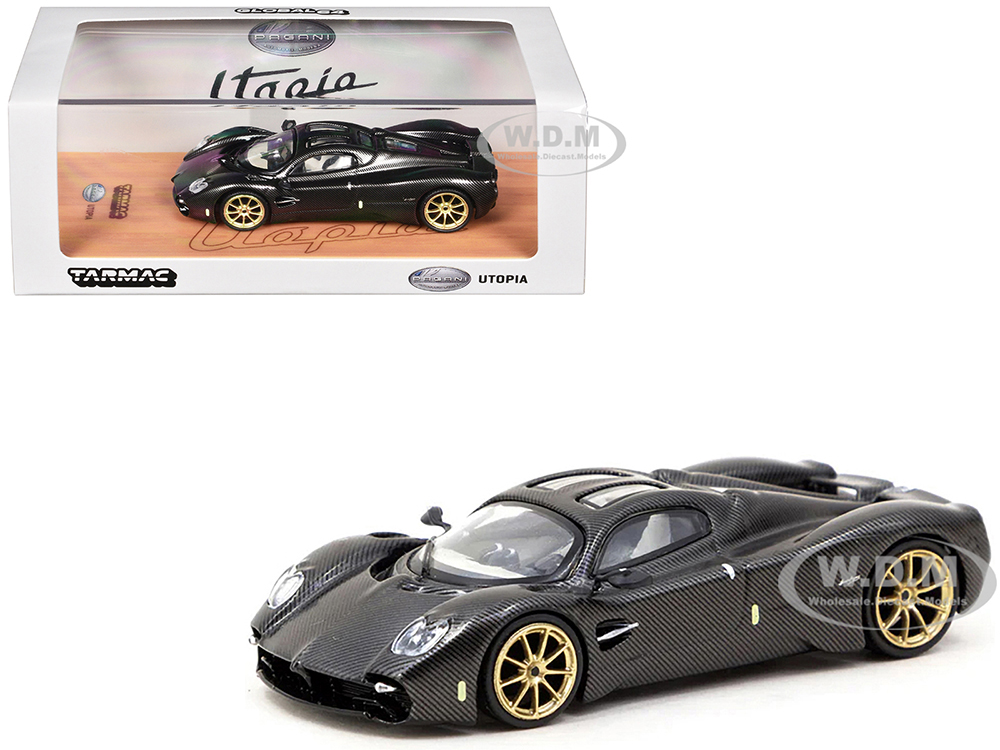 Pagani Utopia Black Carbon Fiber with Gold Wheels Global64 Series 1/64 Diecast Model by Tarmac Works