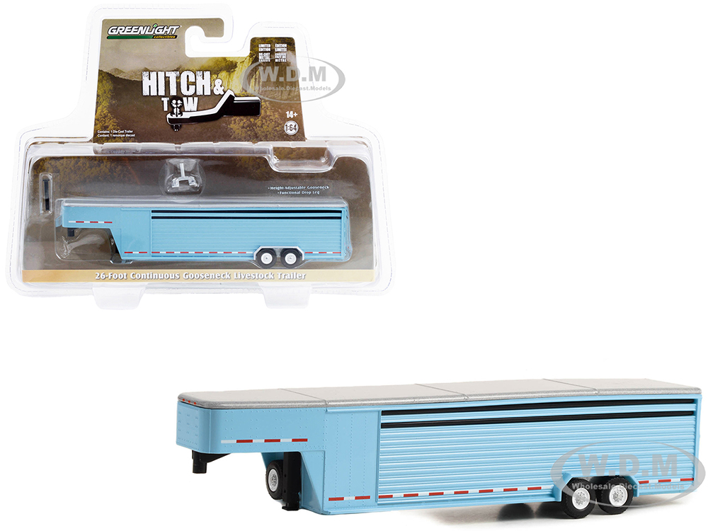26-Foot Continuous Gooseneck Livestock Trailer Light Blue "Hitch &amp; Tow" Series 1/64 Diecast Model Car by Greenlight