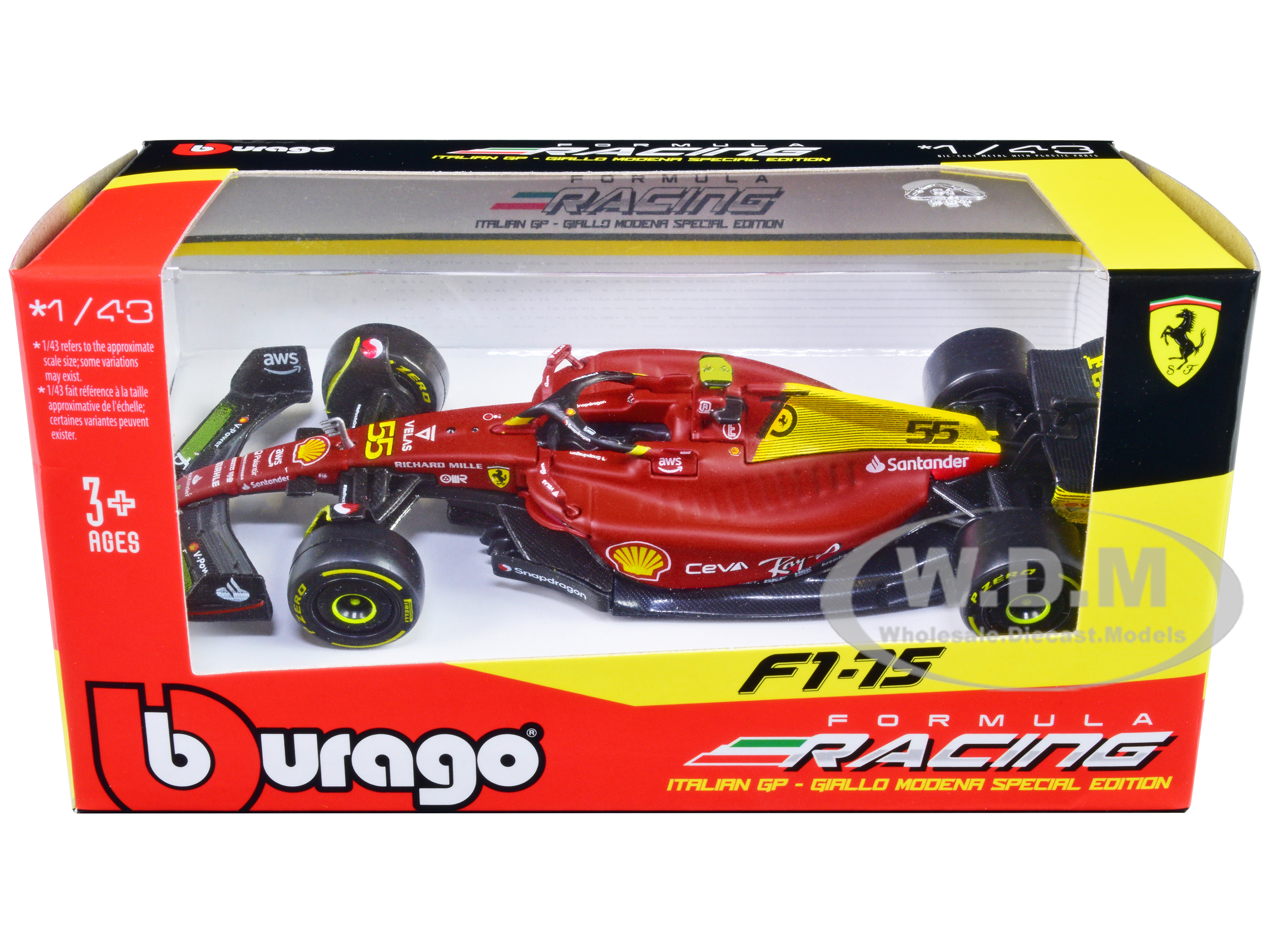 Ferrari F1-75 #55 Carlos Sainz Giallo Modena Formula One F1 Italian GP (2022) Formula Racing Series 1/43 Diecast Model Car by Bburago