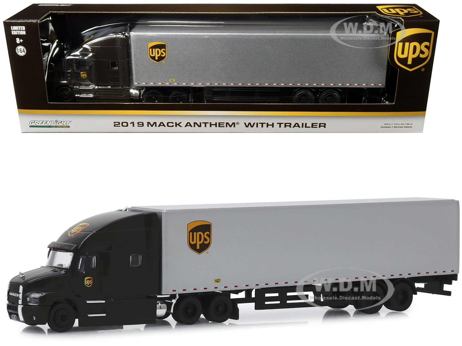 2019 Mack Anthem with Trailer "United Parcel Service" (UPS) Brown and Silver 1/64 Diecast Model by Greenlight
