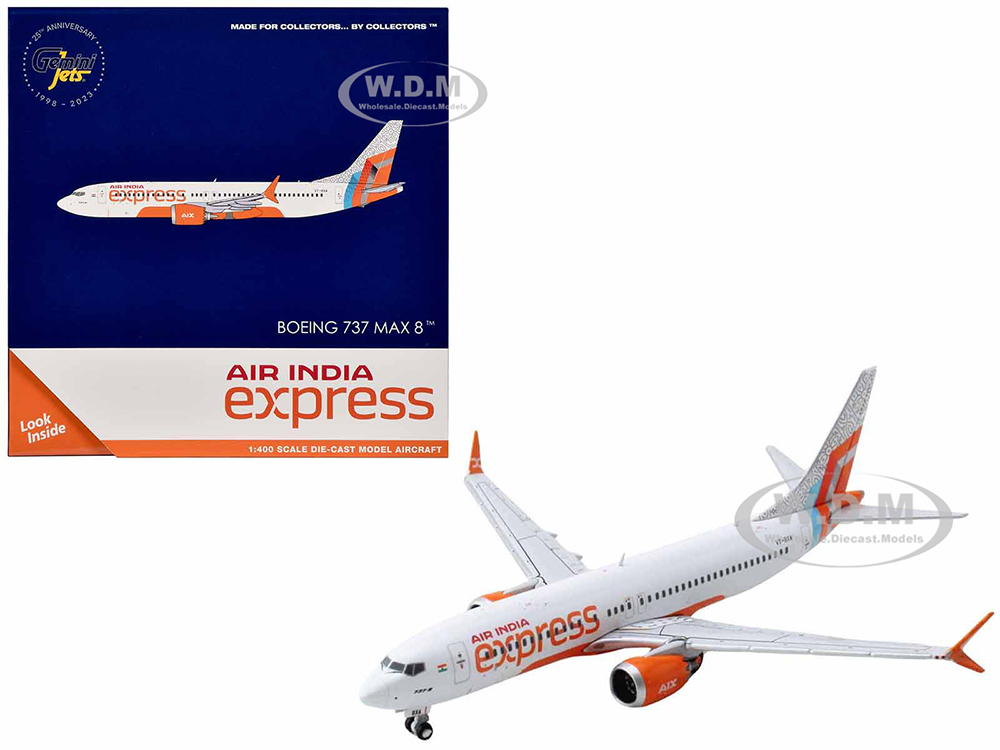Boeing 737 MAX 8 Commercial Aircraft Air India Express (VT-BXA) White with Tail Graphics 1/400 Diecast Model Airplane by GeminiJets