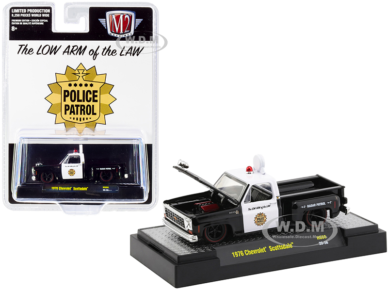 Image of 1976 Chevrolet Scottsdale Pickup Truck "Police Patrol" Black and White Limited Edition to 8250 pieces Worldwide 1/64 Diecast Model Car by M2 Machines