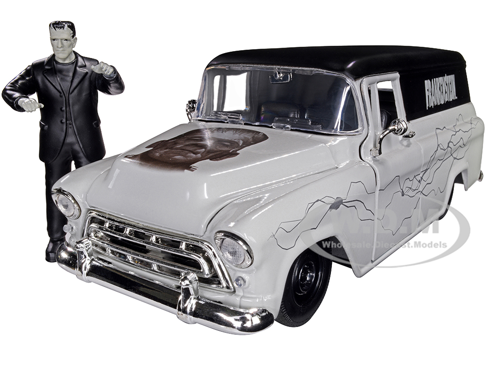 1957 Chevrolet Suburban Gray and Black with Graphics and Frankenstein Diecast Figurine Universal Monsters Hollywood Rides Series 1/24 Diecast Model Car by Jada